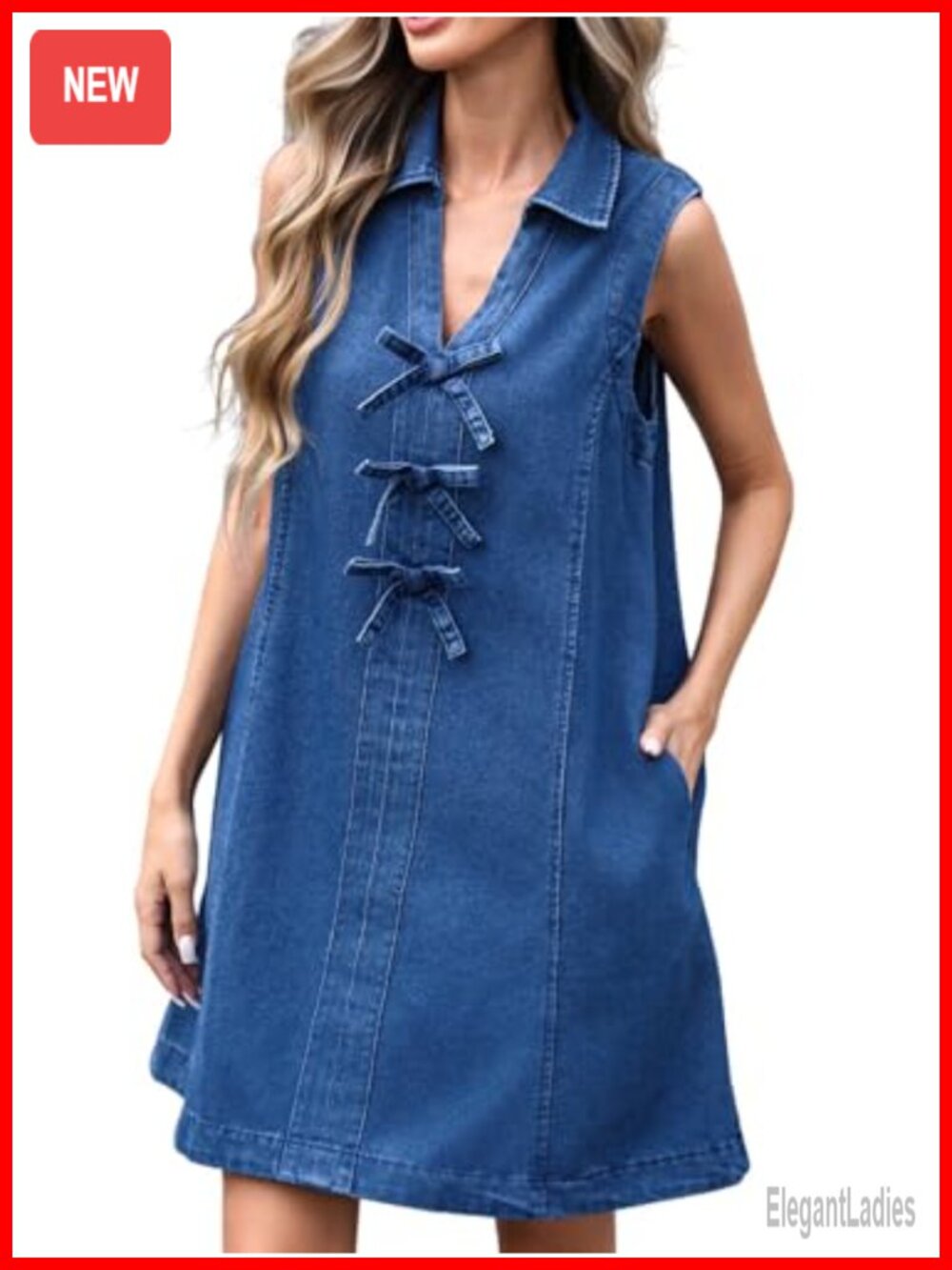 Womens Denim Mini Dress Sleeveless V Neck Bow Tie A-Line Casual Jean Dress